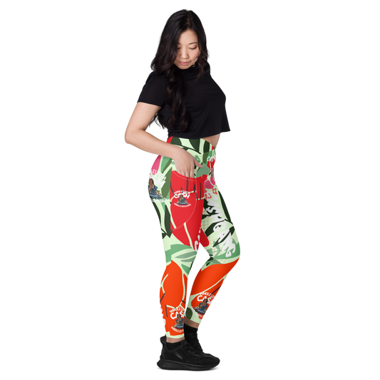 Spring Flowers WLOC WLOB Crossover leggings with pockets
