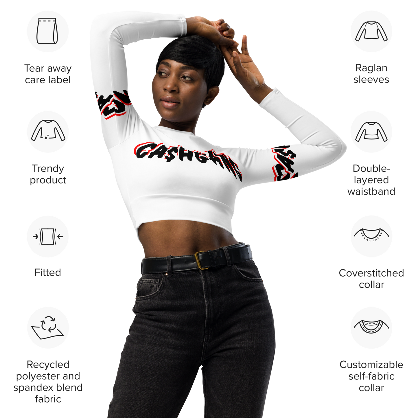 CA$HGANG long-sleeve crop top WHT/RED/BLK